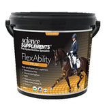 Black plastic bucket of science supplements flexability plus equine joint supplement with rider and horse label