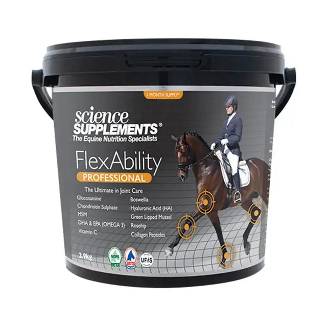 Black plastic bucket with handles labeled science supplements flexability professional highest specification joint supplement for horses