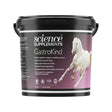 Black plastic bucket with purple label of science supplements gastrokind featuring a white horse nutritional formula developed by leading veterinary scientists
