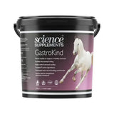 Black plastic bucket with purple label of science supplements gastrokind featuring a white horse nutritional formula developed by leading veterinary scientists