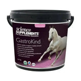 Black plastic bucket with a purple label featuring a white horse for science supplements gastrokind nutritional formula developed by leading veterinary scientists