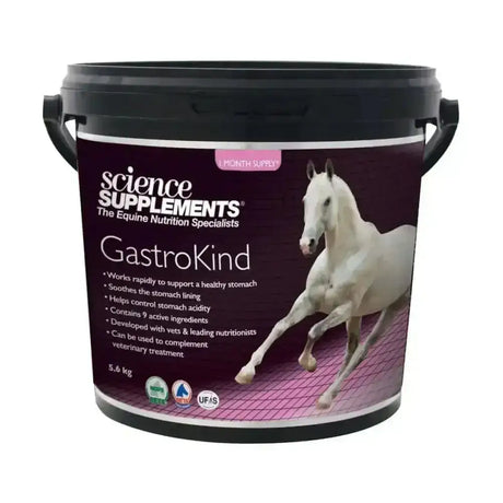 Black plastic bucket with a purple label featuring a white horse for science supplements gastrokind nutritional formula developed by leading veterinary scientists