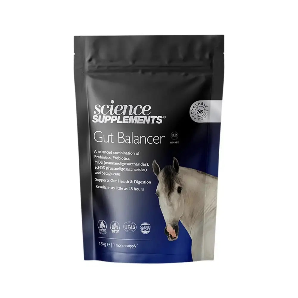 Black and blue pouch of science supplements gut balancer with white horse illustration featuring protected live yeast