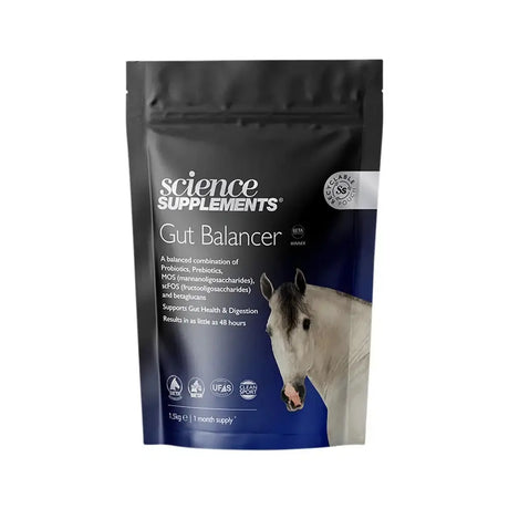 Black and blue pouch of science supplements gut balancer with white horse illustration featuring protected live yeast