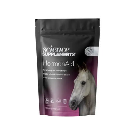 Black and purple pouch of science supplements hormonaid with white horse illustration for relaxed mare supporting female hormone balance