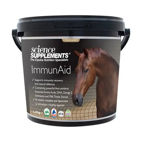 Black plastic bucket with lid and handles labeled science supplements immunaid for natural defences in horses