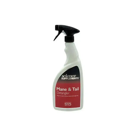 White spray bottle with black nozzle and red science supplements mane label for long lasting tail detangler spray