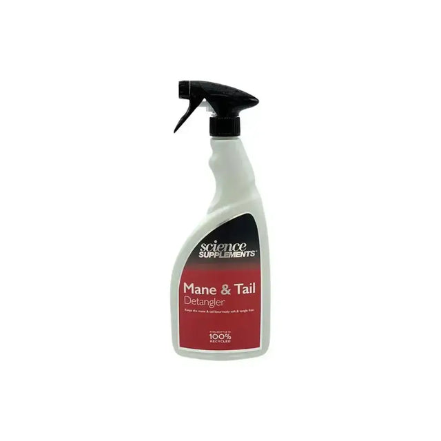 White spray bottle with black nozzle and red science supplements mane label for long lasting tail detangler spray