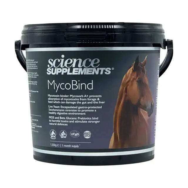Black plastic bucket with lid and handles labeled science supplements mycobind showing a brown horse image