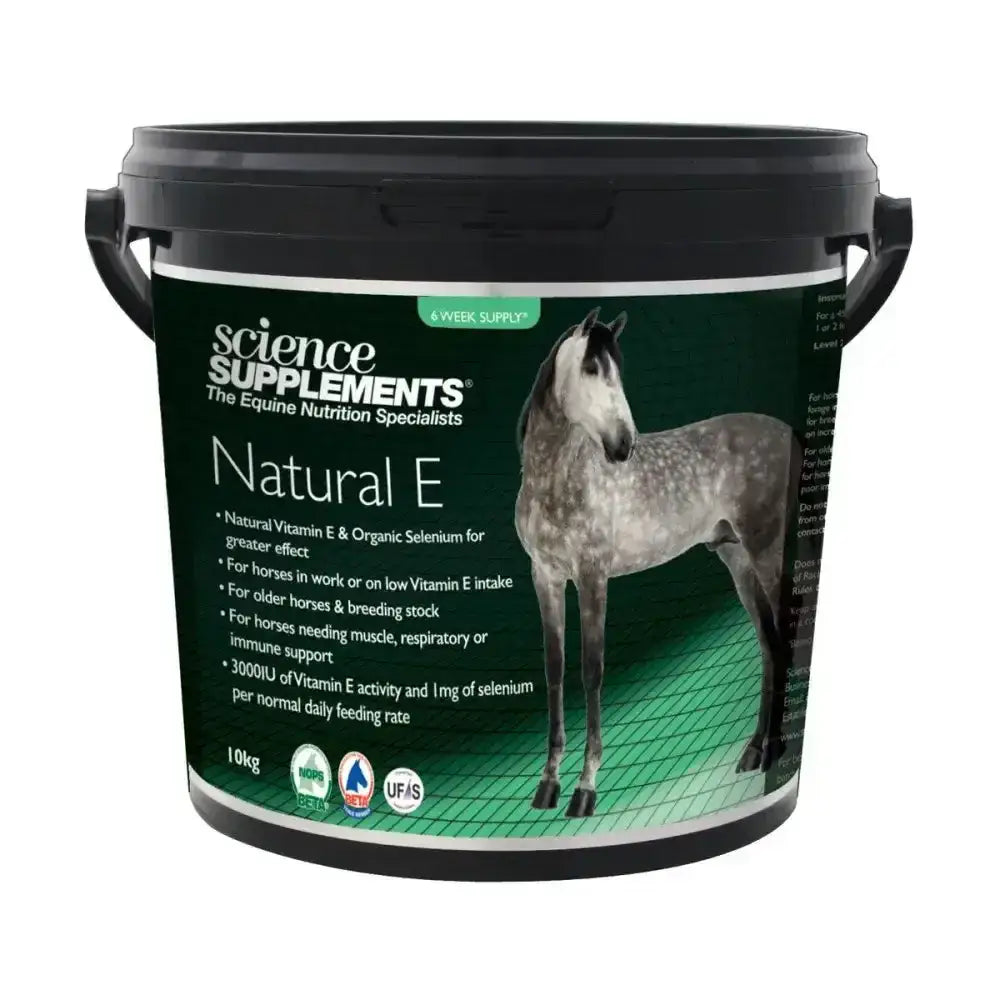 Black plastic bucket with green label showing a gray horse for science supplements natural e equine supplement for horses needing muscle and breeding stock