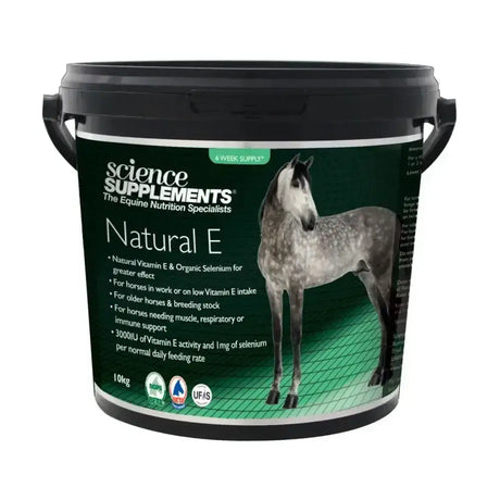 Black plastic bucket with green label showing a gray horse for science supplements natural e equine supplement for horses needing muscle and breeding stock