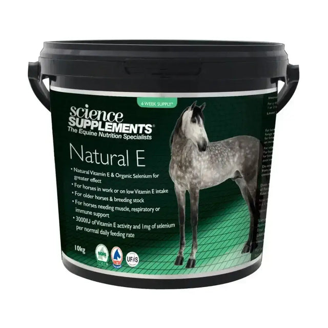 Black plastic bucket with green label showing a gray horse for science supplements natural e equine supplement for horses needing muscle and breeding stock