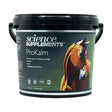 Black plastic bucket with lid and handles labeled science supplements prokalm showing a brown horse helping horses ponies perform