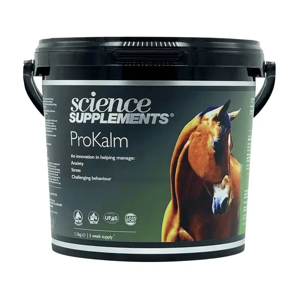Black plastic bucket with lid and handles labeled science supplements prokalm for helping horses and ponies perform better