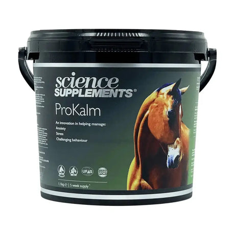 Black plastic bucket with lid and handles labeled science supplements prokalm for helping horses and ponies perform better