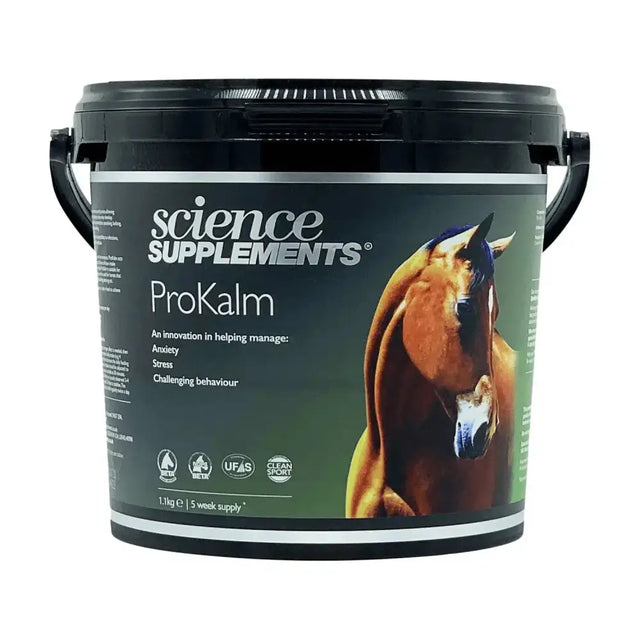 Black plastic bucket with lid and handles labeled science supplements prokalm for helping horses and ponies perform better