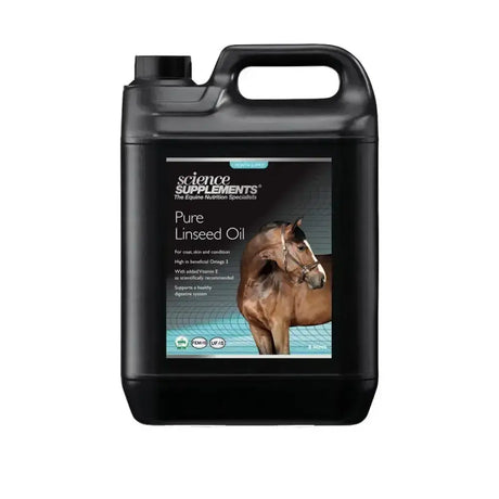 Black plastic jug of science supplements pure linseed oil with horse label highlighting beneficial omega fatty acids for equine health