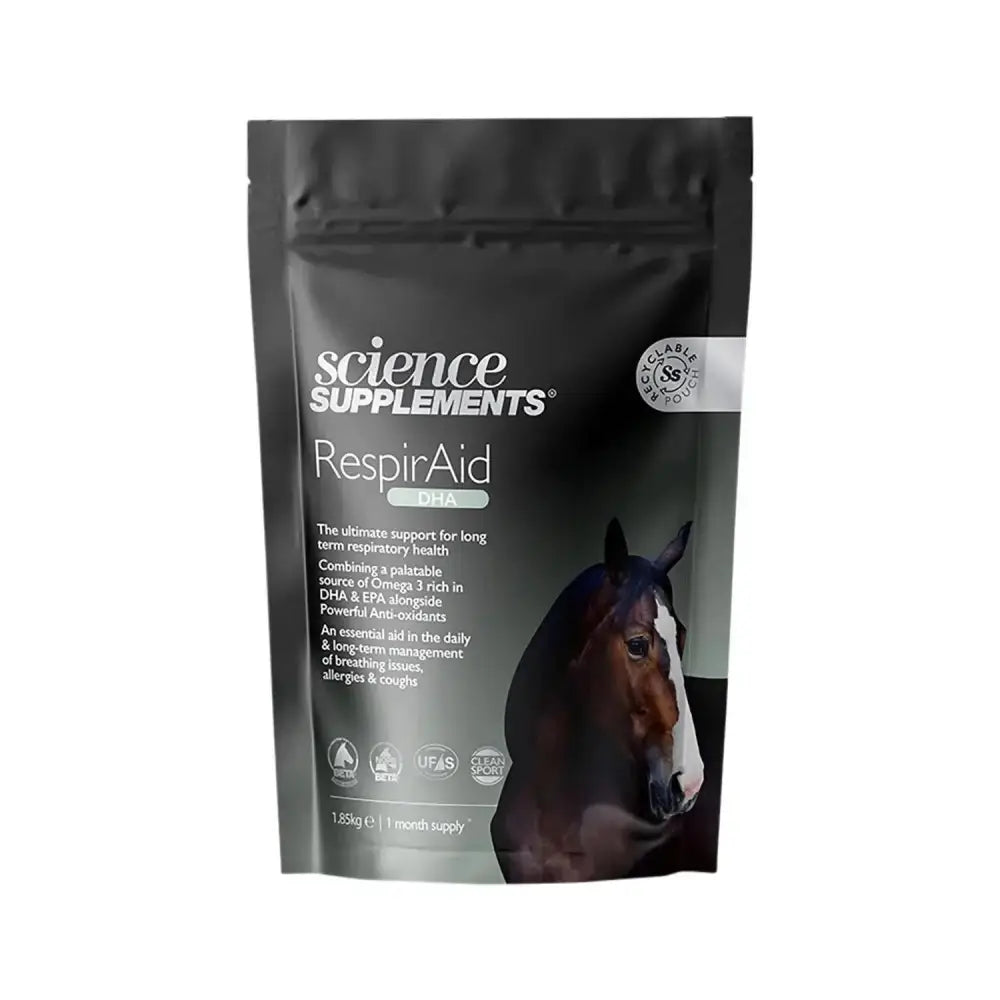 Black pouch of science supplements respiraid dha with horse image 1.55kg pack for long term respiratory support