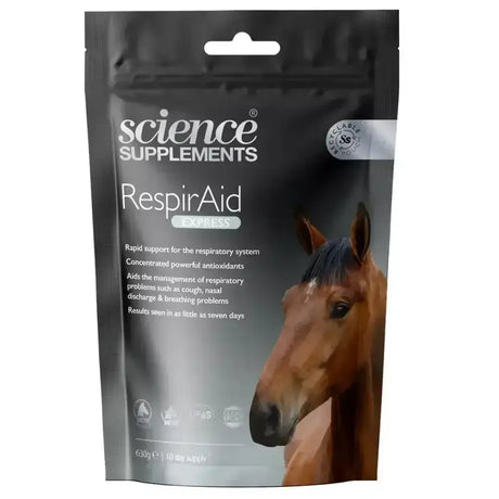 Black pouch of science supplements respiraid express featuring a brown horse head for respiraid anti-oxidants aids
