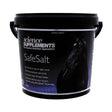 Black plastic bucket with handles labeled science supplements safesalt unique electrolyte for horse electrolytes