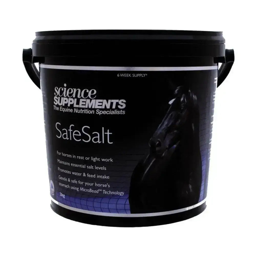 Black plastic bucket with handles labeled science supplements safesalt unique electrolyte for horse electrolytes