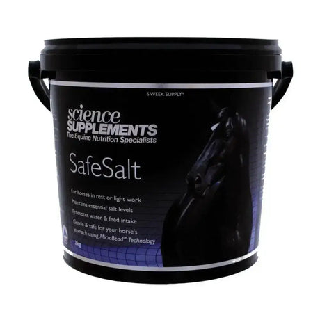 Black plastic bucket with handles labeled science supplements safesalt unique electrolyte for horse electrolytes
