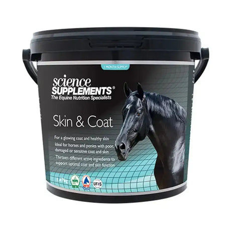 Black plastic bucket with handles labeled science supplements skin for horse supplements promoting a glowing coat