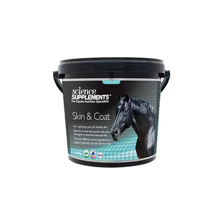 Black plastic bucket with teal white label featuring black horse science supplements skin for shiny coat and sensitive skin