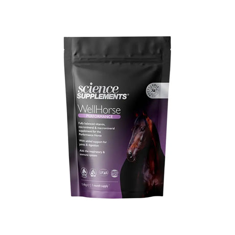Black and purple resealable pouch of science supplements wellhorse performance horse supplement with highly bioavailable d-biotin