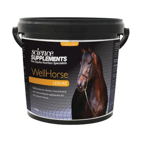 Black plastic bucket of science supplements wellhorse leisure micro mineral supplement for equine nutrition with horse label