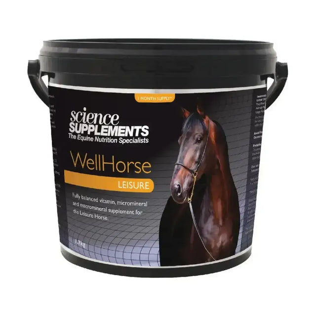 Black plastic bucket of science supplements wellhorse leisure micro mineral supplement for equine nutrition with horse label