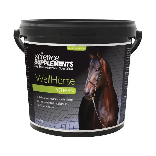 Black plastic bucket of science supplements wellhorse veteran micro mineral supplement with a horse label
