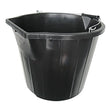 Black scoop and pour bucket made of plastic with metal handle and flat edge for easy scooping buckets and bowls