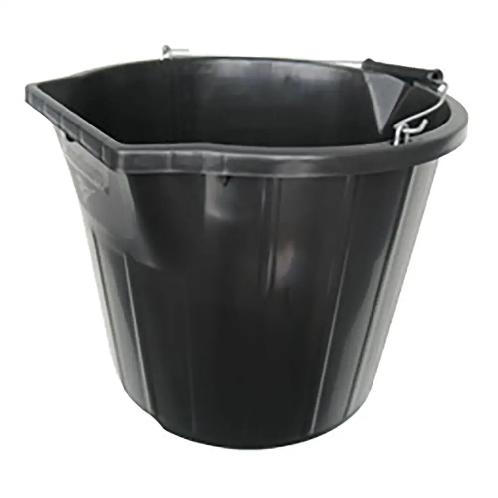 Black scoop and pour bucket made of plastic with metal handle and flat edge for easy scooping buckets and bowls