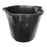 Black scoop and pour bucket made of plastic with metal handle and flat edge for easy scooping buckets and bowls