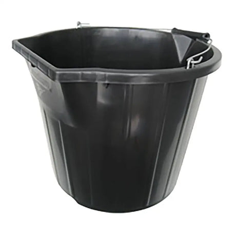Black scoop and pour bucket made of plastic with metal handle and flat edge for easy scooping buckets and bowls
