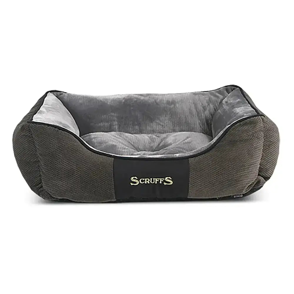 Dark gray scruffs chester box bed with plush light gray chenille fabric interior and scruffs logo panel