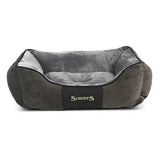 Dark gray scruffs chester box bed with plush light gray chenille fabric interior and scruffs logo panel