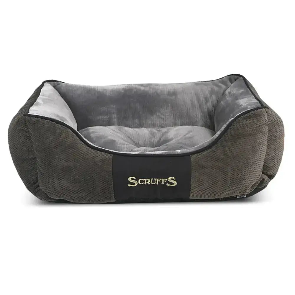 Olive green and gray scruffs chester box bed in rich chenille fabric with black embroidered scruffs logo patch