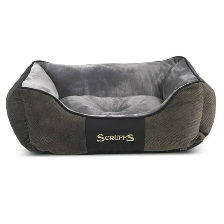 Olive green and gray scruffs chester box bed in rich chenille fabric with black embroidered scruffs logo patch