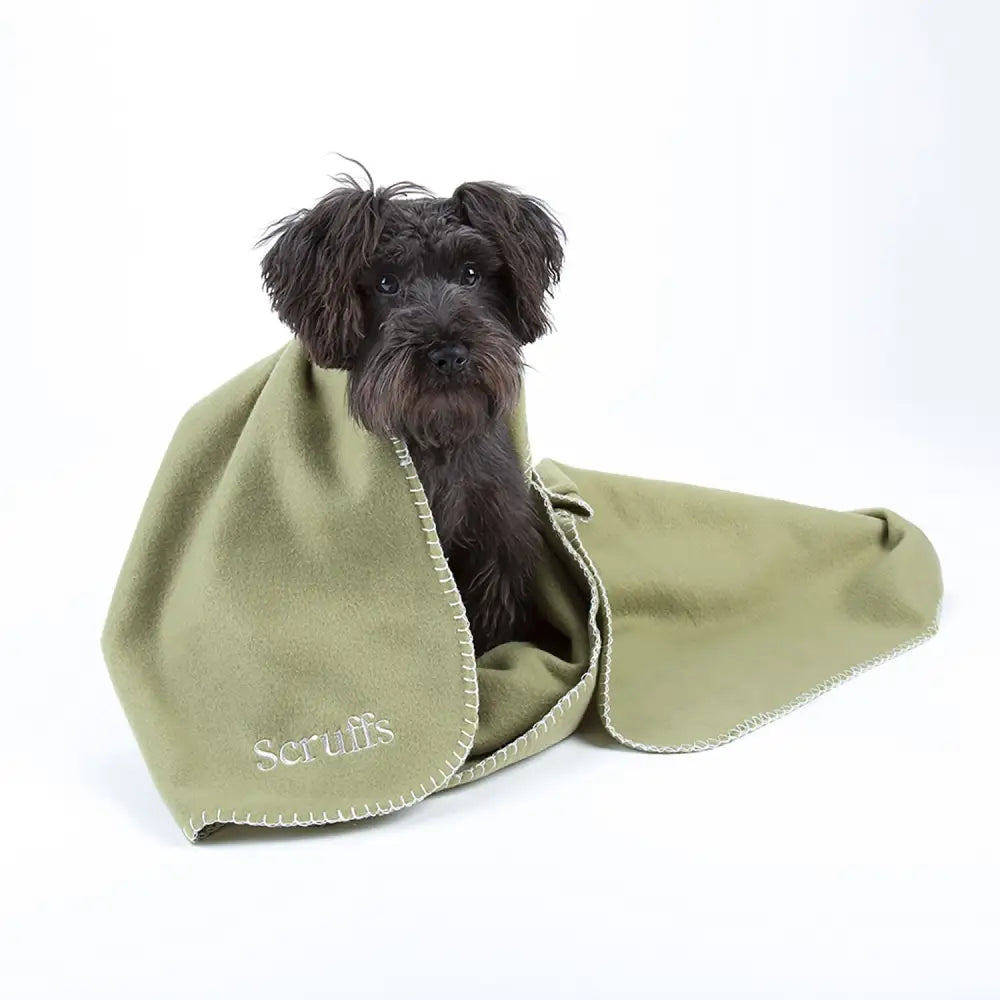 Olive green fleece dog towel with white stitching and scruffs logo from scruffs expedition fleece blanket line