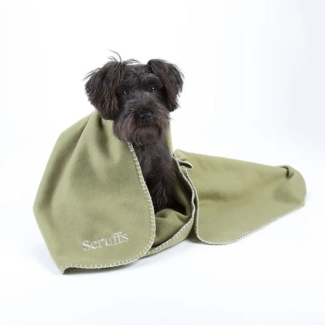 Olive green fleece dog towel with white stitching and scruffs logo from scruffs expedition fleece blanket line