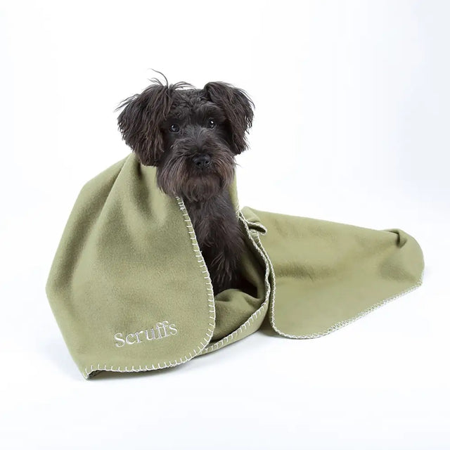 Olive green fleece dog towel with white stitching and scruffs logo from scruffs expedition fleece blanket line
