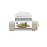 A beige soft scruffs expedition fleece blanket storm grey with stitched edges and a green dog image on the packaging