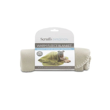 A beige soft scruffs expedition fleece blanket storm grey with stitched edges and a green dog image on the packaging