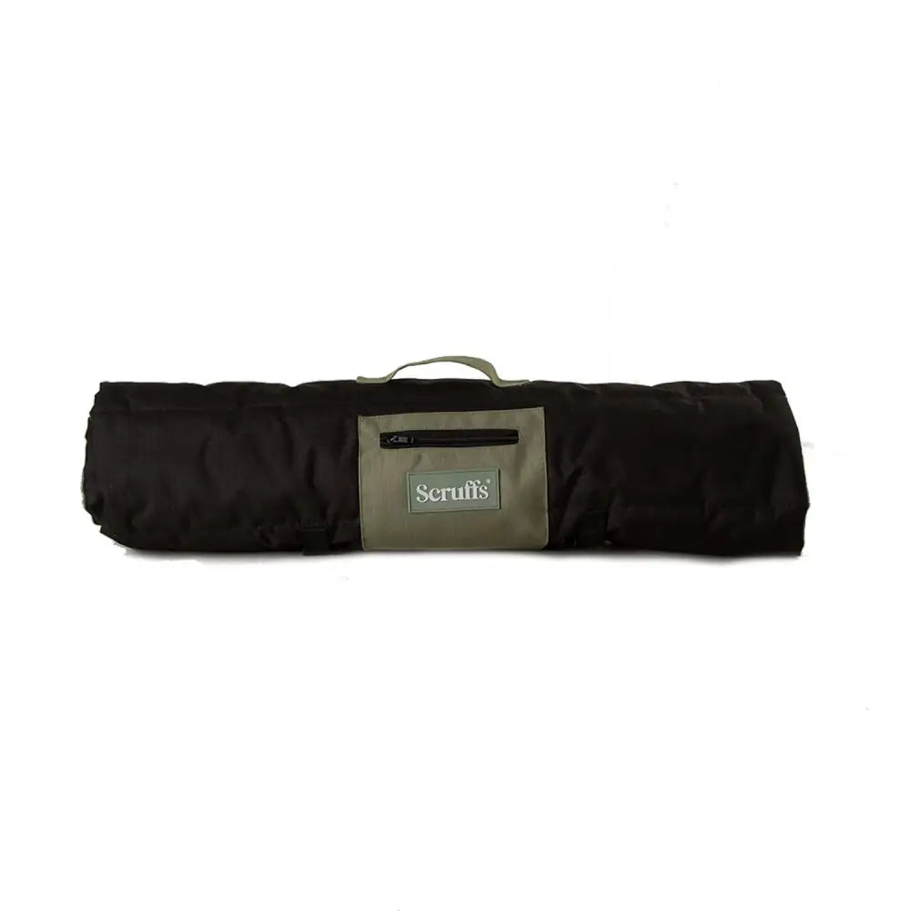 Black scruffs expedition roll carrying case with gray front pocket and handle for easy travel and storage