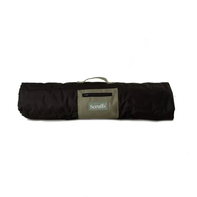 Black scruffs expedition roll carrying case with gray front pocket and handle for easy travel and storage