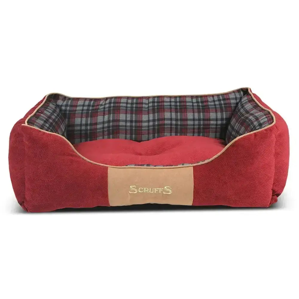 Red corduroy scruffs highland box bed with plaid interior and tan leather patch made from rich chenille fabric