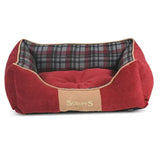 Red corduroy scruffs highland box bed with plaid interior and tan leather patch in rich chenille fabric