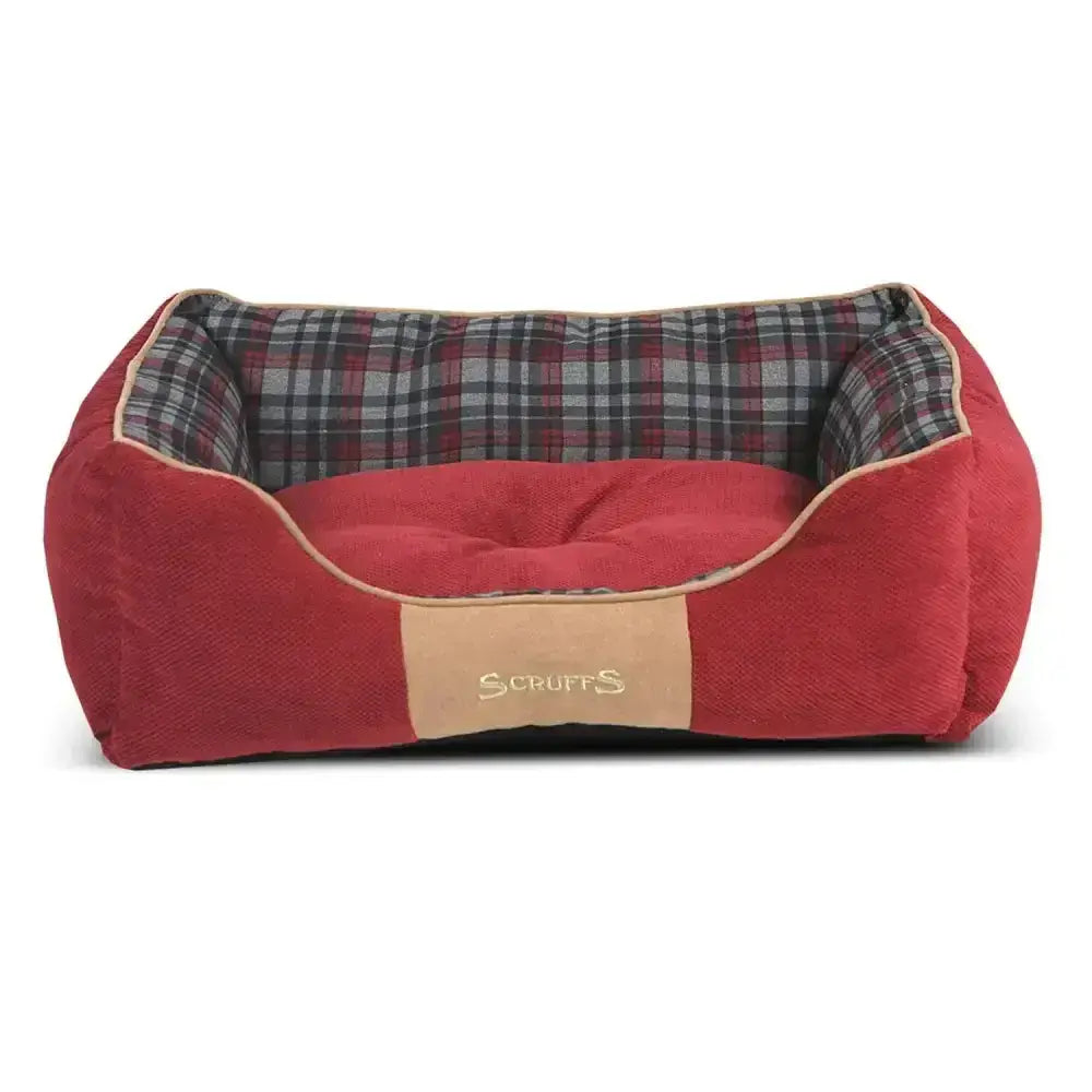 Red corduroy scruffs highland box pet bed with plaid interior and tan leather patch in rich chenille fabric